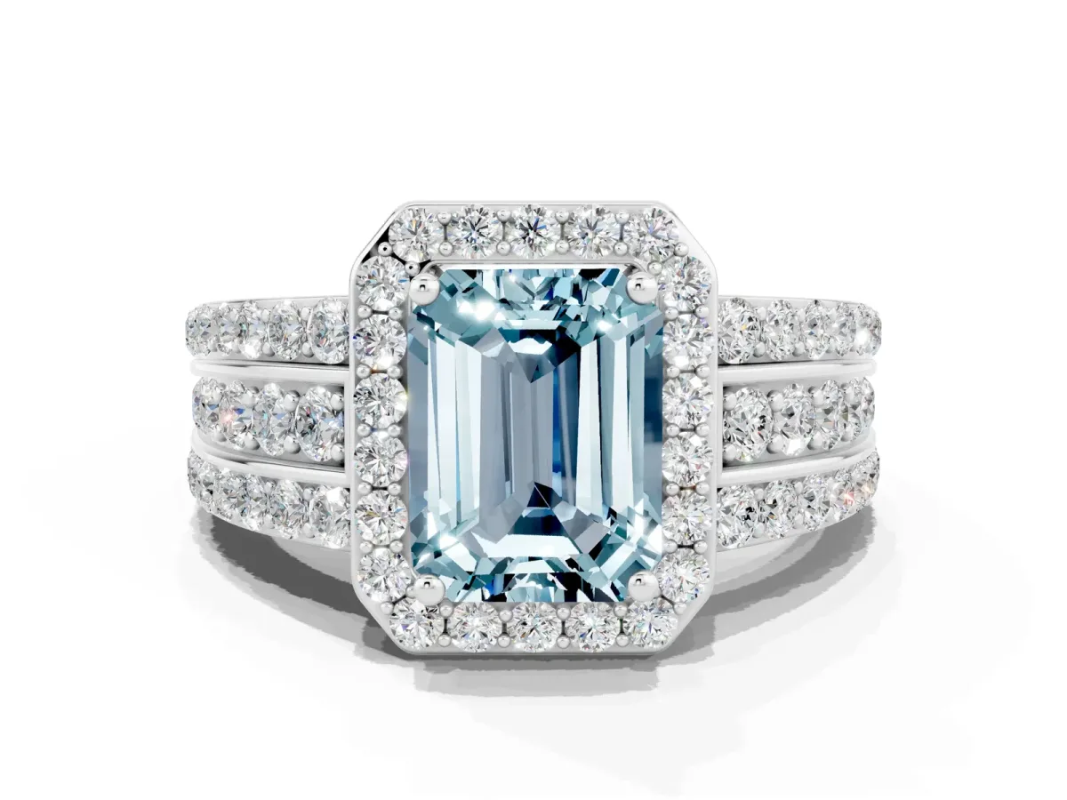 Emerald Cut Halo Aquamarine Ring with Round Split Shank and Prong Setting Silver