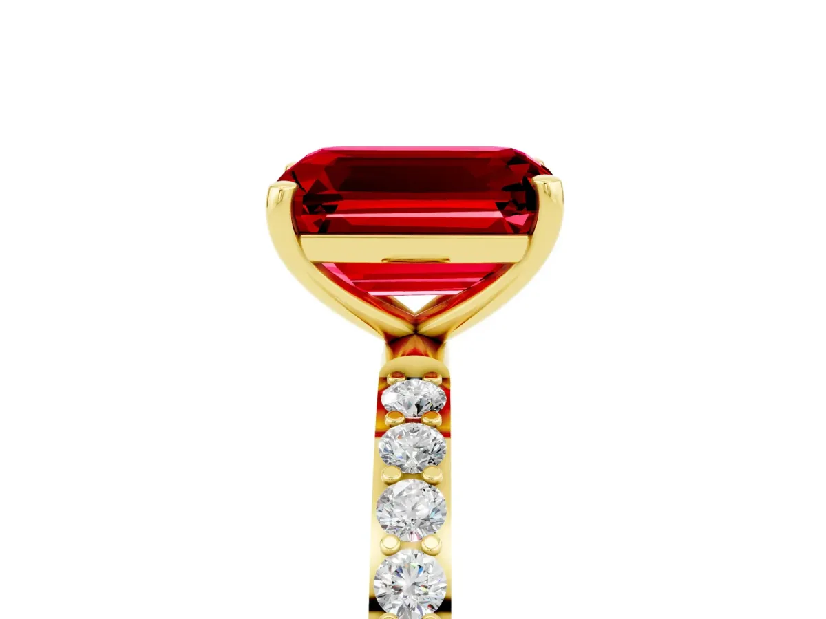 Emerald Cut Ruby Solitaire Ring with Round Pavé Band and Prong Setting Yellow gold
