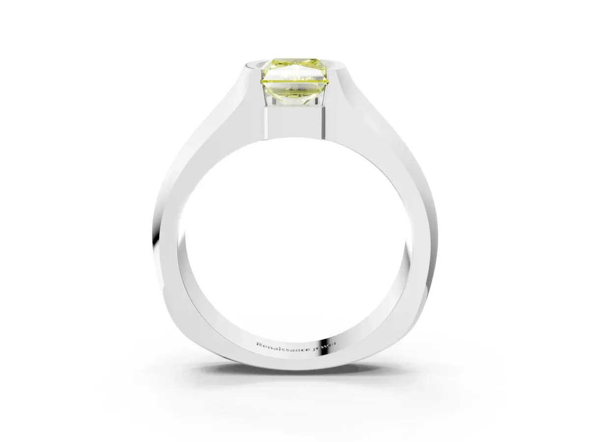 Fancy Yellow Radiant Cut Solitaire Bezel Set Diamond Ring with Wide Band Platinum