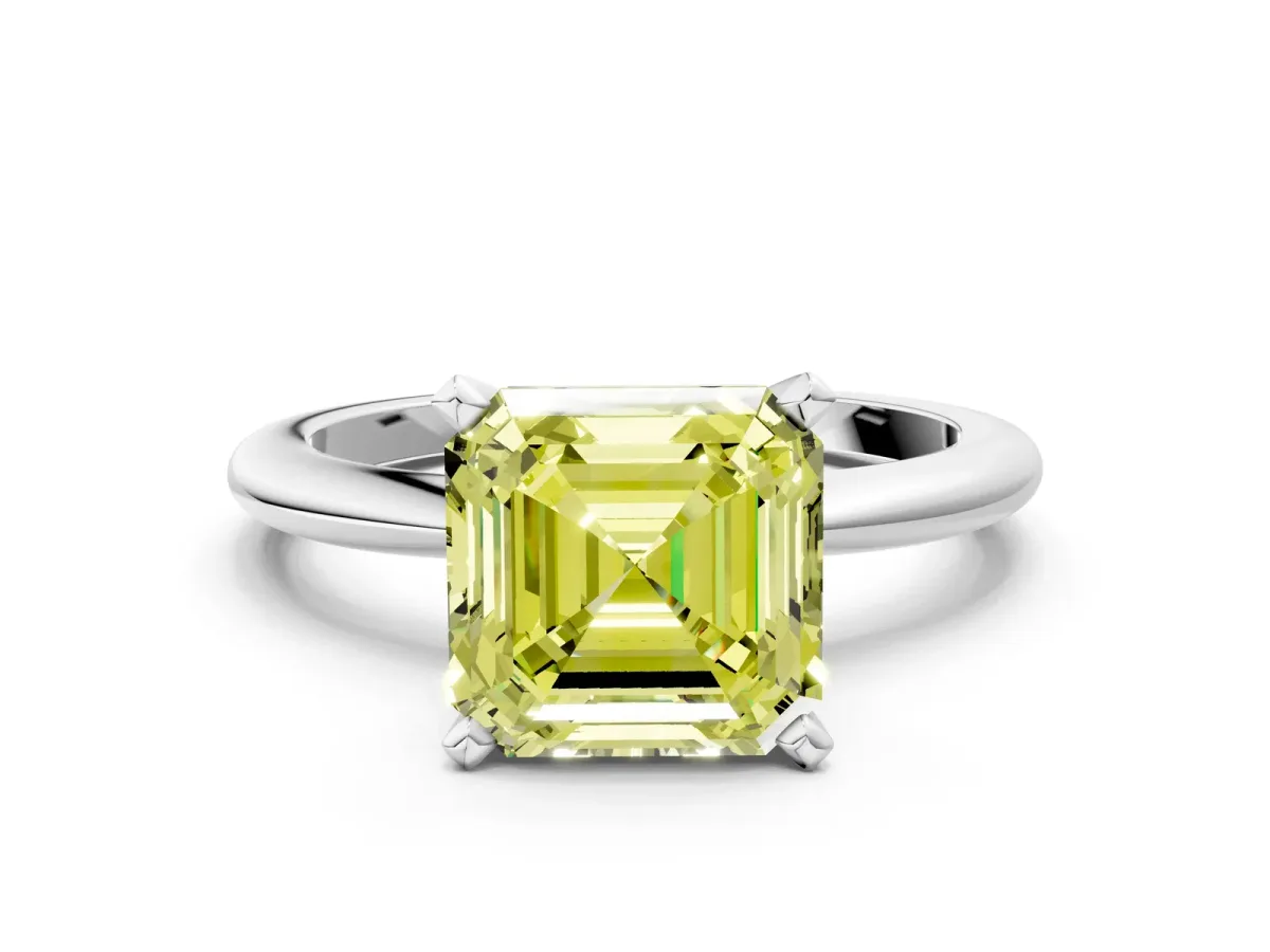 Fancy Yellow Asscher Cut Diamond Solitaire Ring with Six-Prong Setting and Classic Band Silver