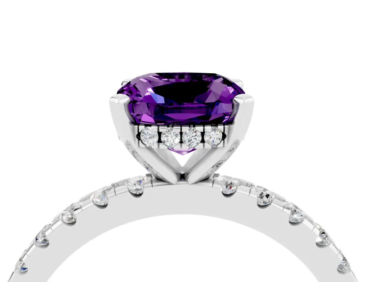 Cushion Cut Amethyst Solitaire Ring with Round Pavé Band and Four-Prong Setting Silver