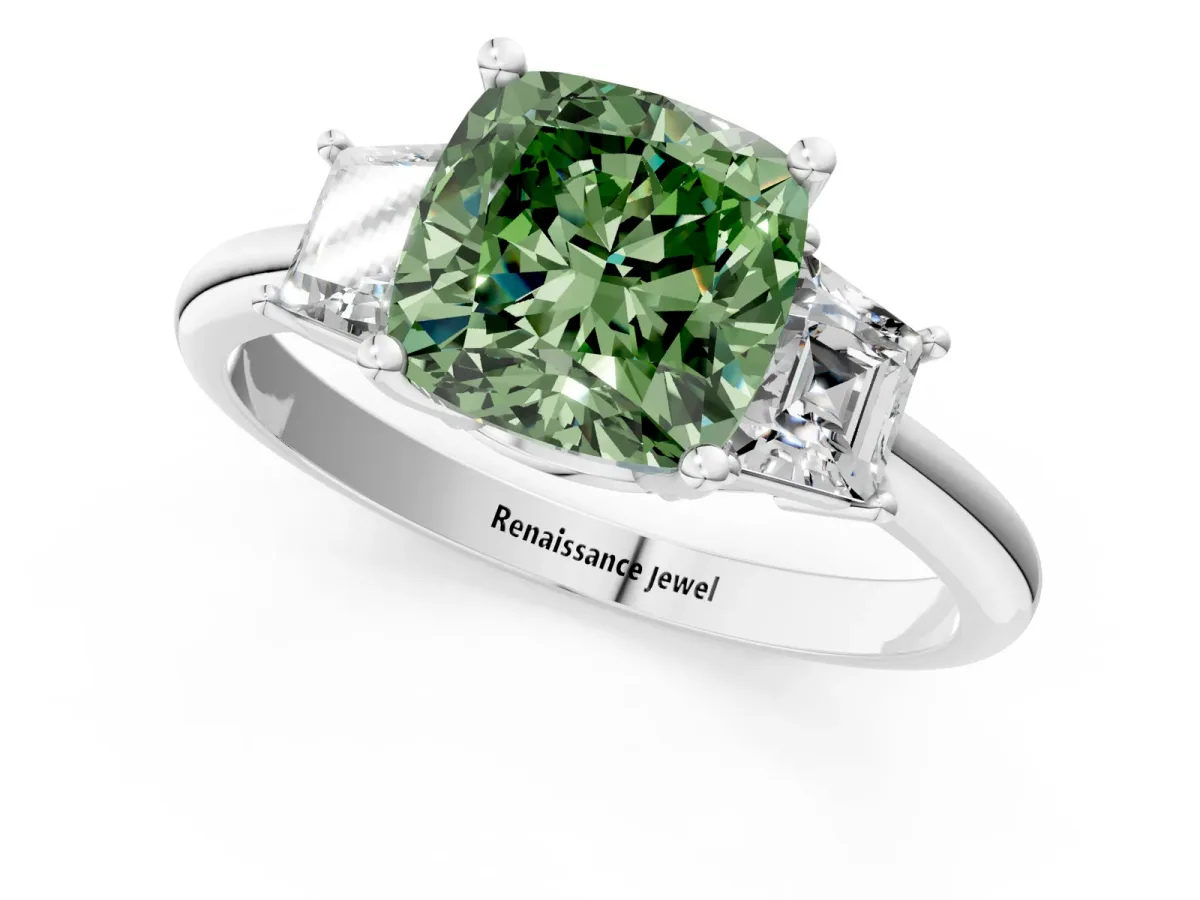 Fancy Green Cushion Cut Diamond Three-Stone Ring with Trapezoid Side Stones and Prong Setting Silver