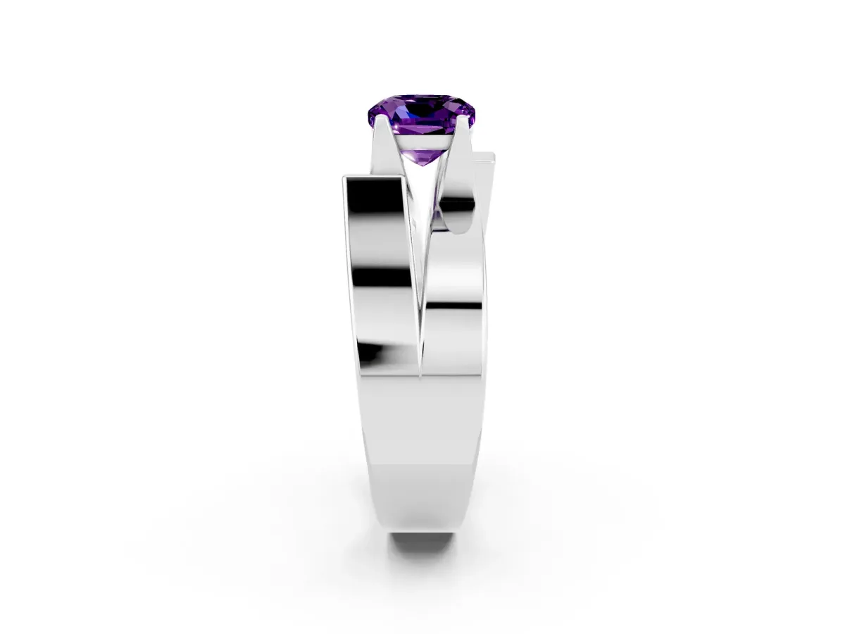 Modern Tension Set Cushion Cut Amethyst Solitaire Wide Band Ring Silver