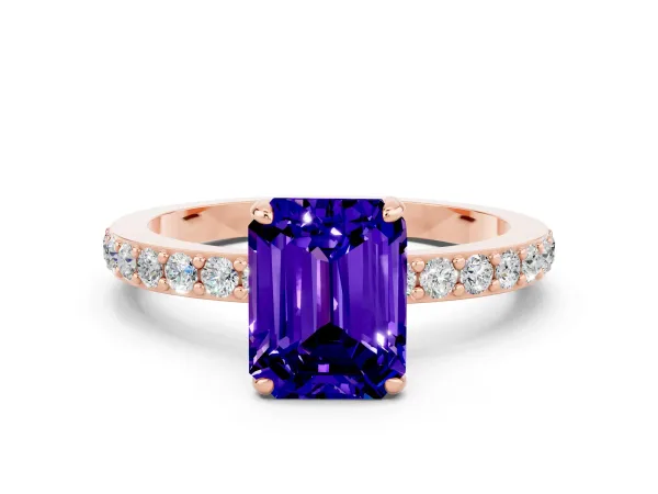 Emerald Cut Tanzanite Solitaire Engagement Ring with Pavé Band and Four-Prong Setting Rose gold