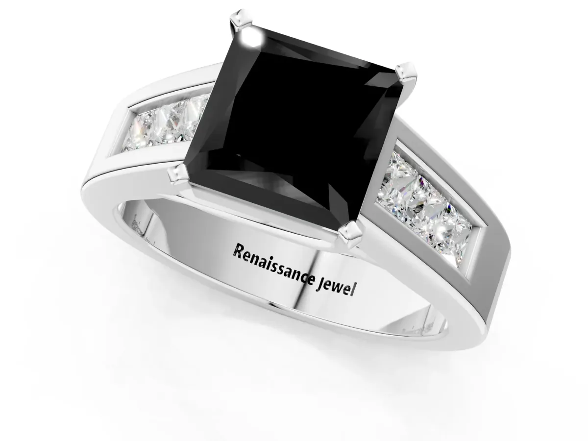 Fancy Black Princess Cut Cut Channel Set Solitaire Ring with Four-Prong Setting Silver