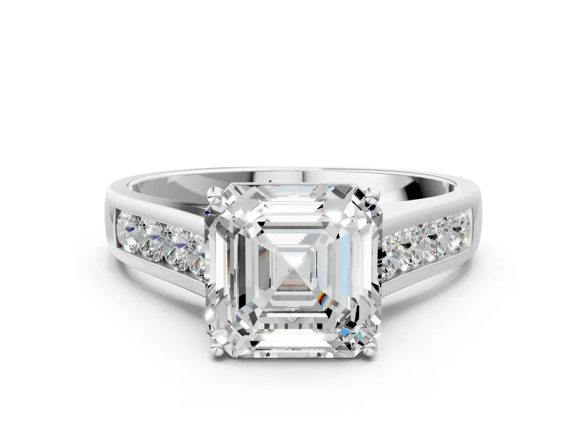 Asscher Cut Solitaire Channel-Set Diamond Engagement Ring with Four-Prong Setting Platinum
