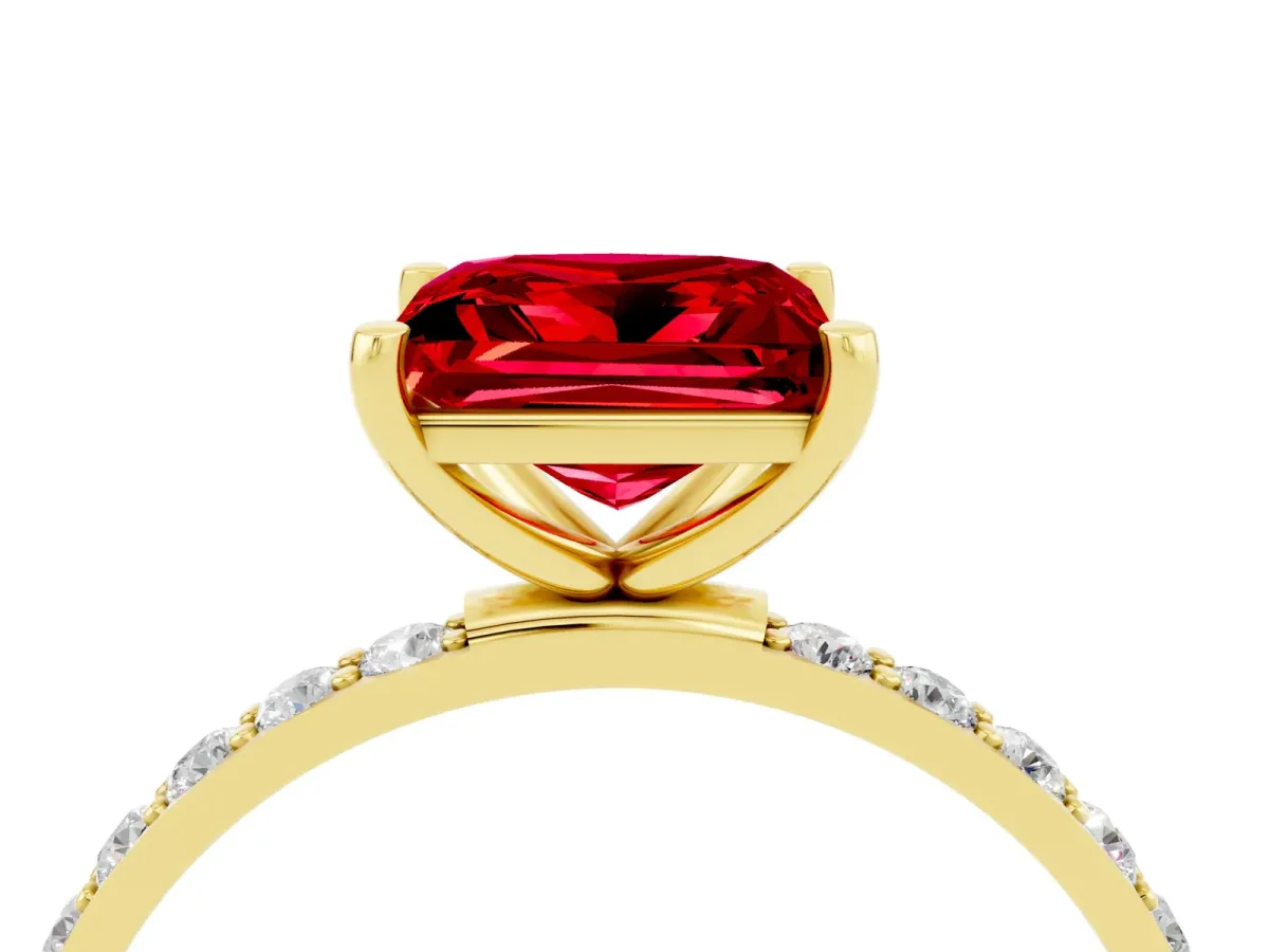 Princess Cut Ruby Solitaire Ring with Round Pavé Band and Prong Setting Yellow gold