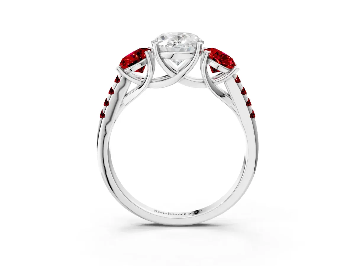 Three-Stone Oval Cut Diamond Ring with Round Ruby Pavé Band and Prong Setting Platinum