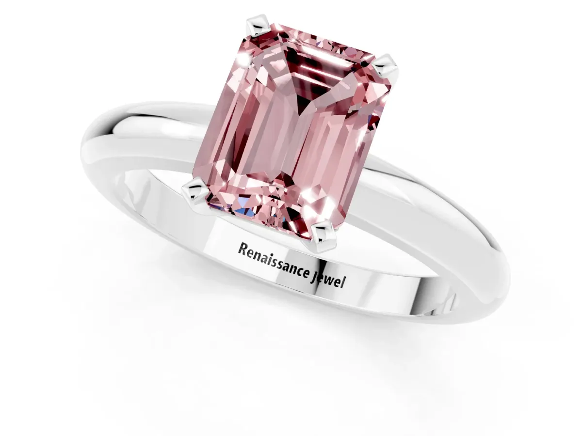 Emerald Cut Morganite Solitaire Engagement Ring with Round Band and Four-Prong Setting Silver