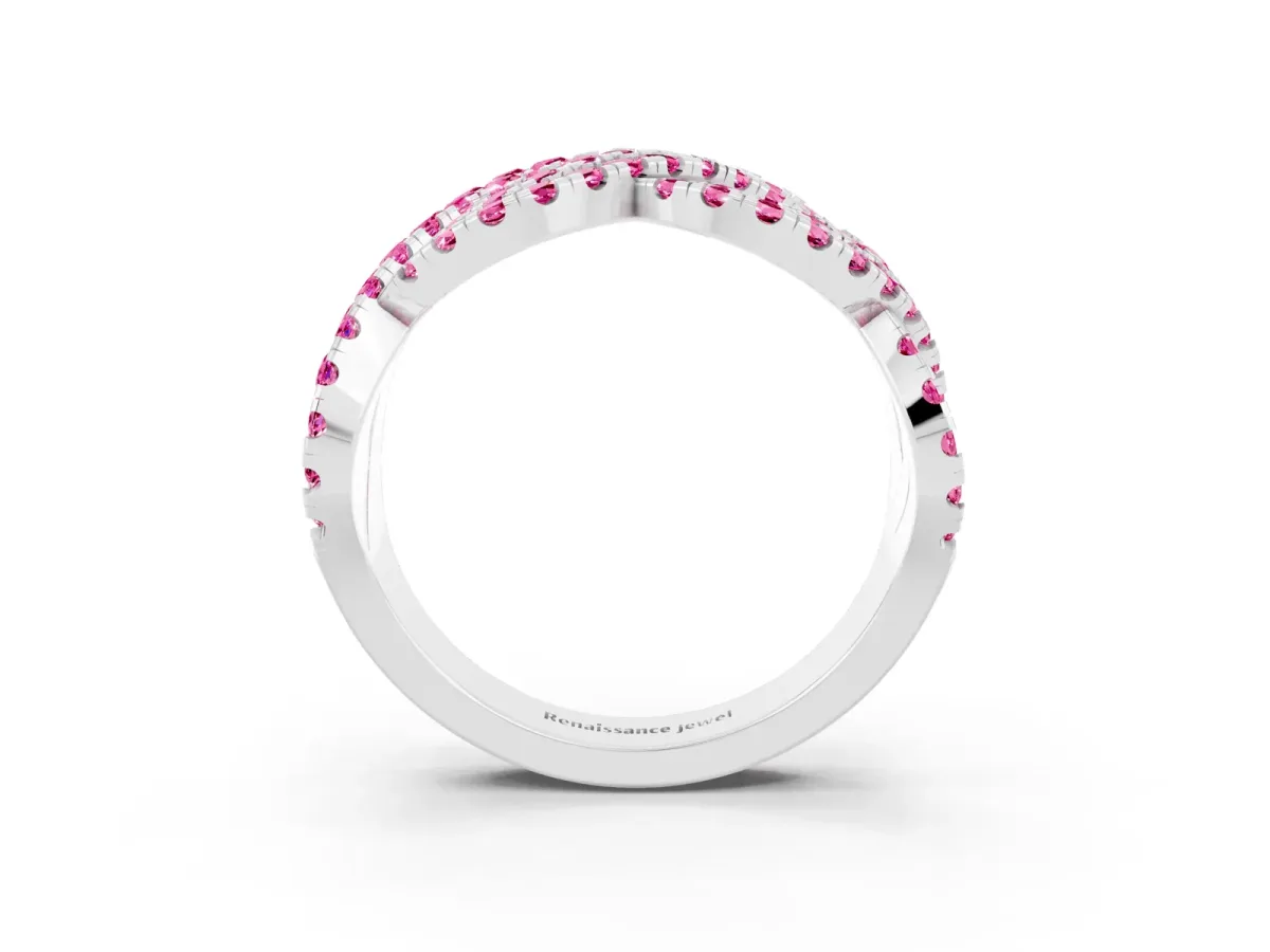 Pavé Round Pink Sapphire Infinity Twist Band with Shared Prong Setting Platinum