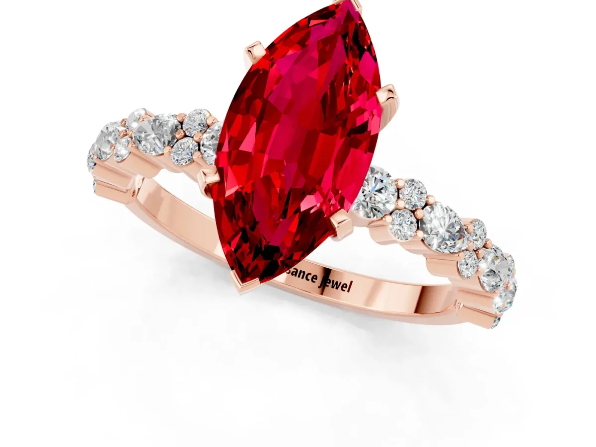 Marquise Cut Ruby Side Stone Solitaire Ring with Round and Four-Prong Setting Rose gold