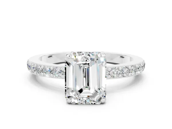 Emerald Cut Moissanite Solitaire Engagement Ring with Pavé Band and Four-Prong Setting Platinum