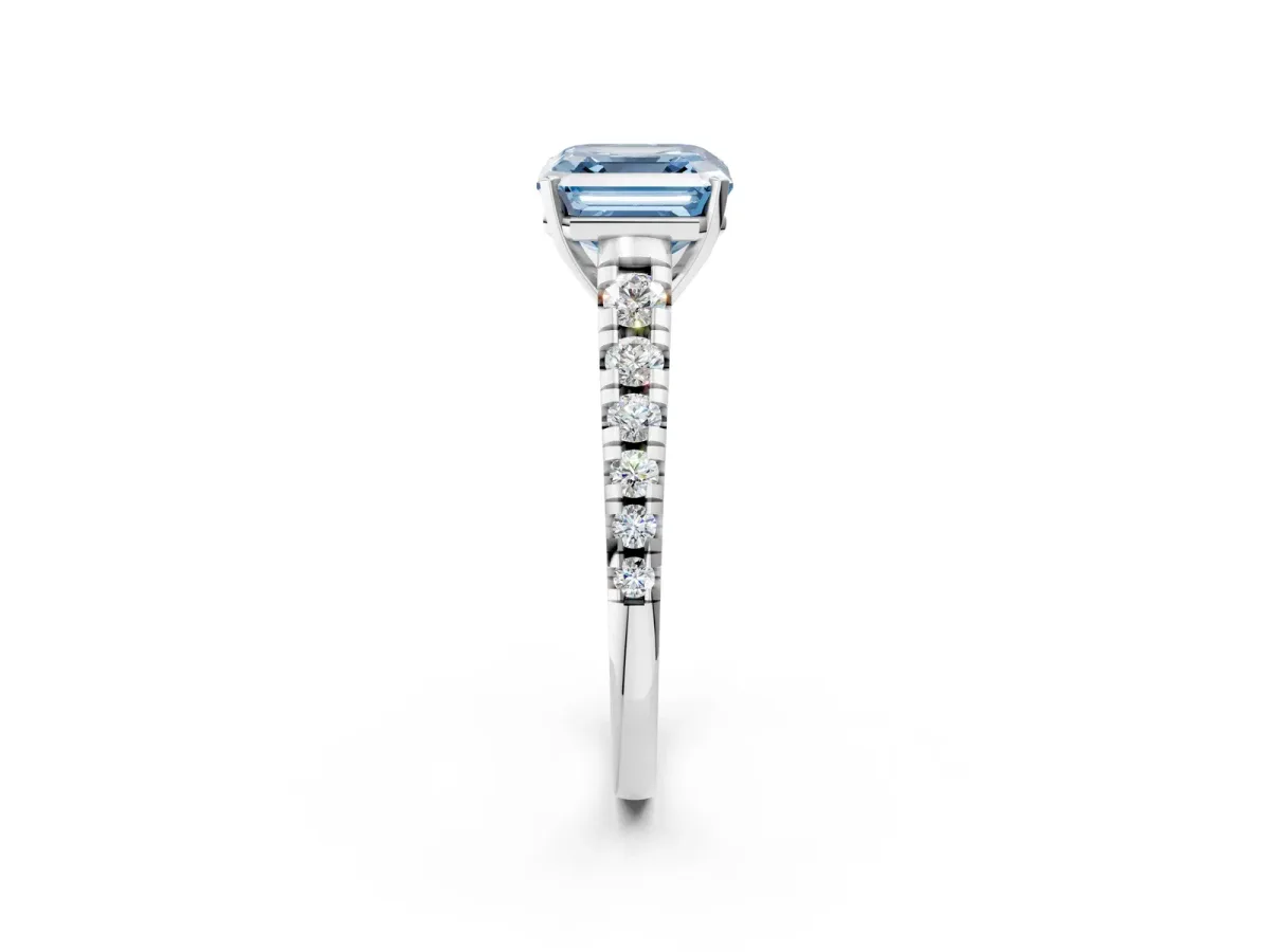 Fancy Blue Asscher Cut Diamond Cathedral Solitaire Ring with Round Pavé Band Platinum