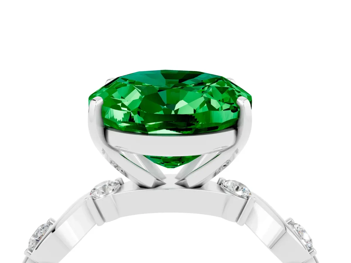 Oval Cut Emerald Solitaire Twisted Band with Round Accents and Prong Setting Silver