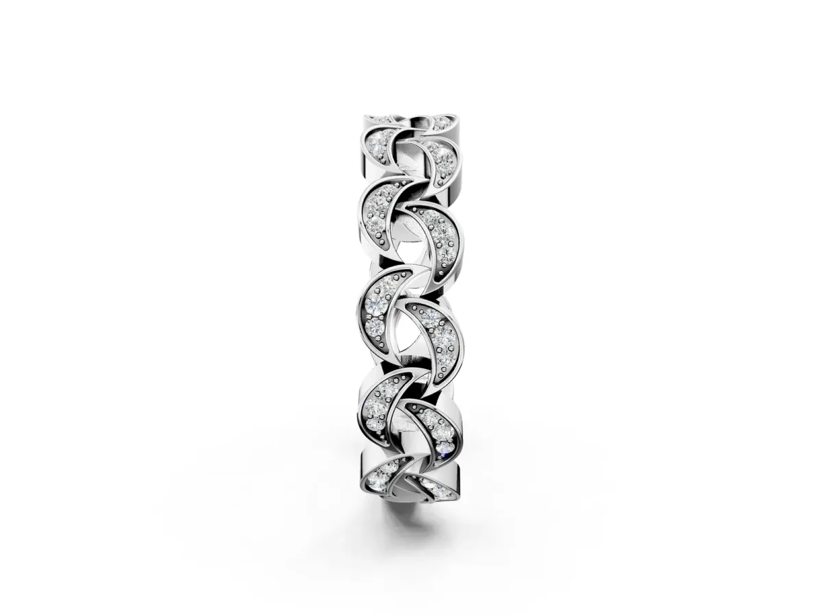 Pavé Round Diamond Interlocking Eternity Band with Bezel Prong Setting Silver