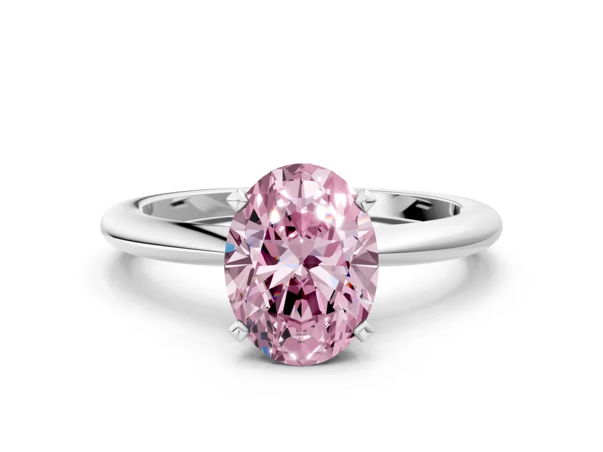 Fancy Pink Oval Cut Diamond Solitaire Ring with Six-Prong Setting and Classic Band Silver
