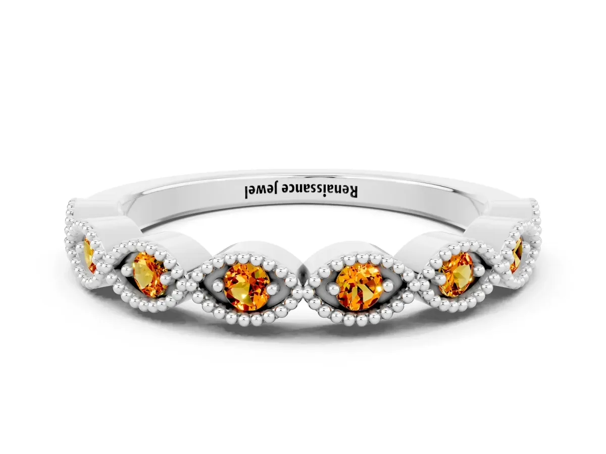 Milgrain Marquise Citrine Half Eternity Band with Bezel Setting Platinum