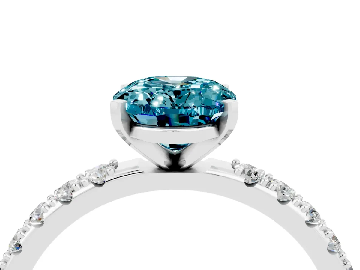 Oval Cut Blue Topaz Solitaire Pavé Band with Four-Prong Setting Silver