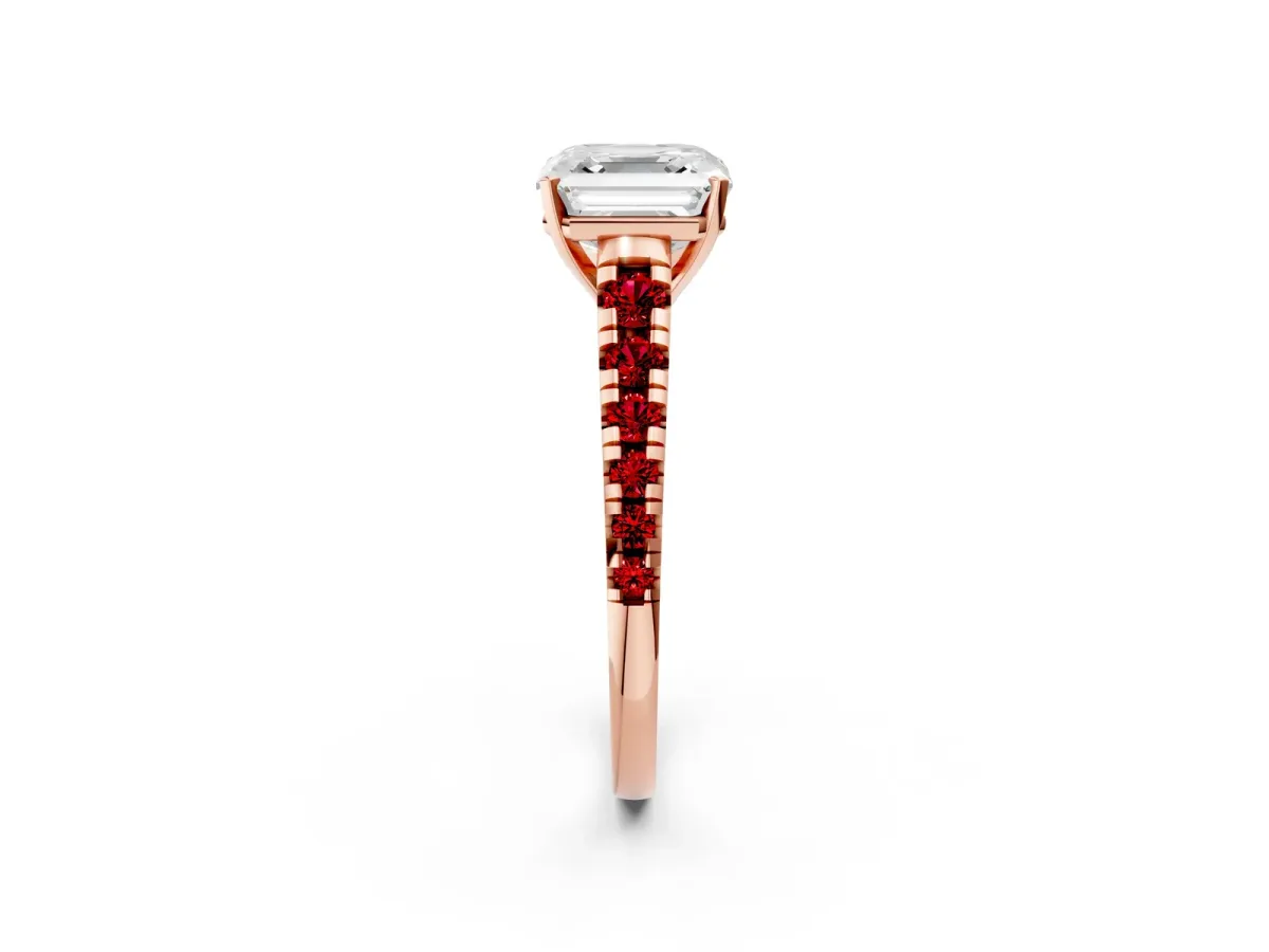 Asscher Cut Diamond Cathedral Solitaire Ring with Round Ruby Pavé Band Rose gold