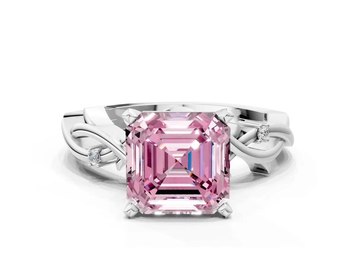 Fancy Pink Asscher Cut Diamond Solitaire Ring with Twisted Band and Prong Setting Platinum