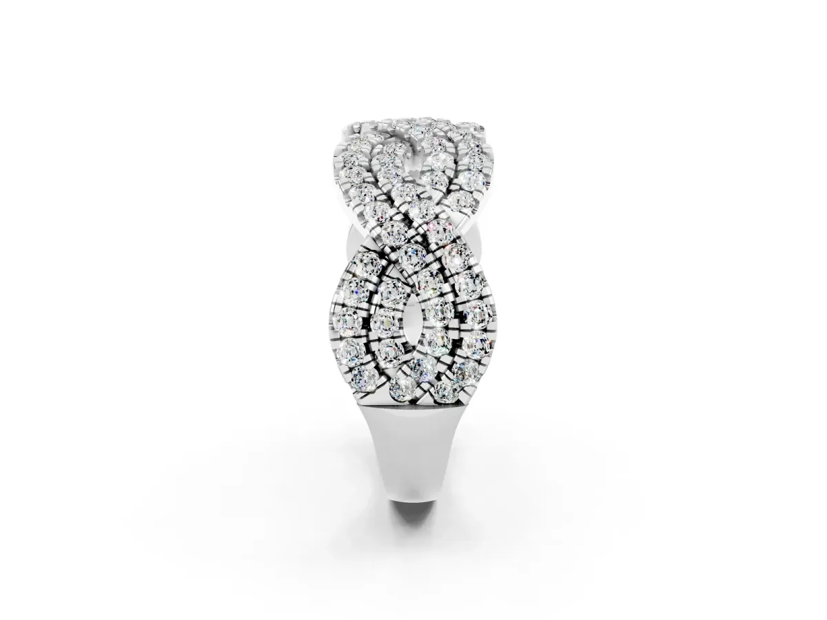 Pavé Round Moissanite Infinity Twist Band with Shared Prong Setting Platinum