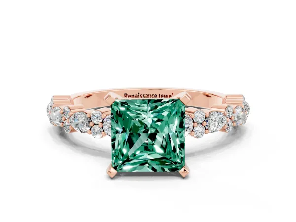 Princess Cut Green Sapphire Side Stone Solitaire Ring with Round and Four-Prong Setting Rose gold