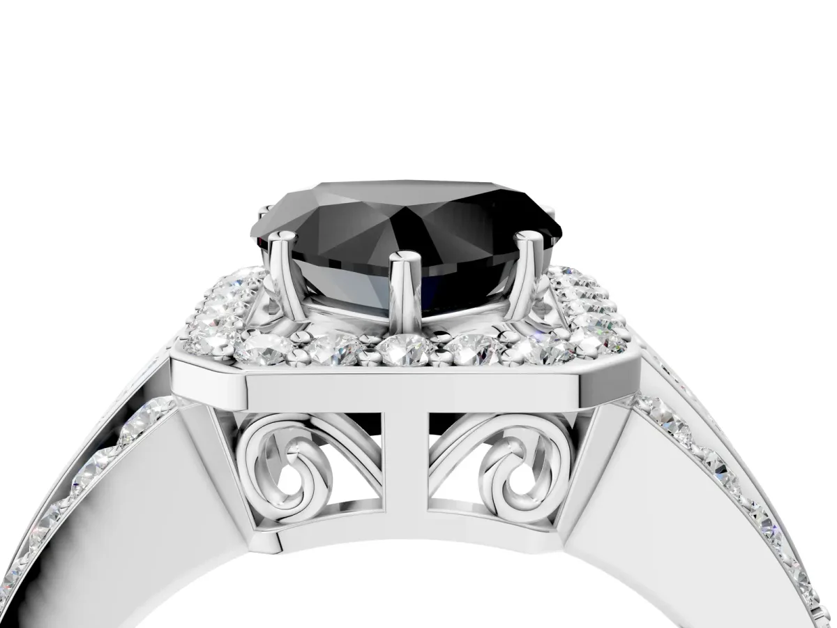 Fancy Black Heart Cut Halo Diamond Ring with Round Split Shank and Prong Setting Platinum