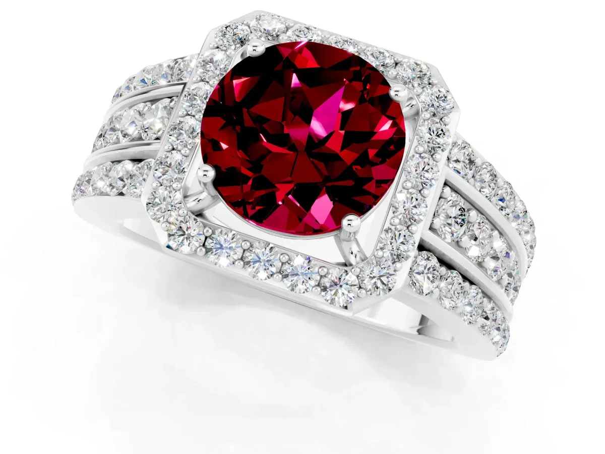 Round Cut Halo Garnet Ring with Round Split Shank and Prong Setting White gold