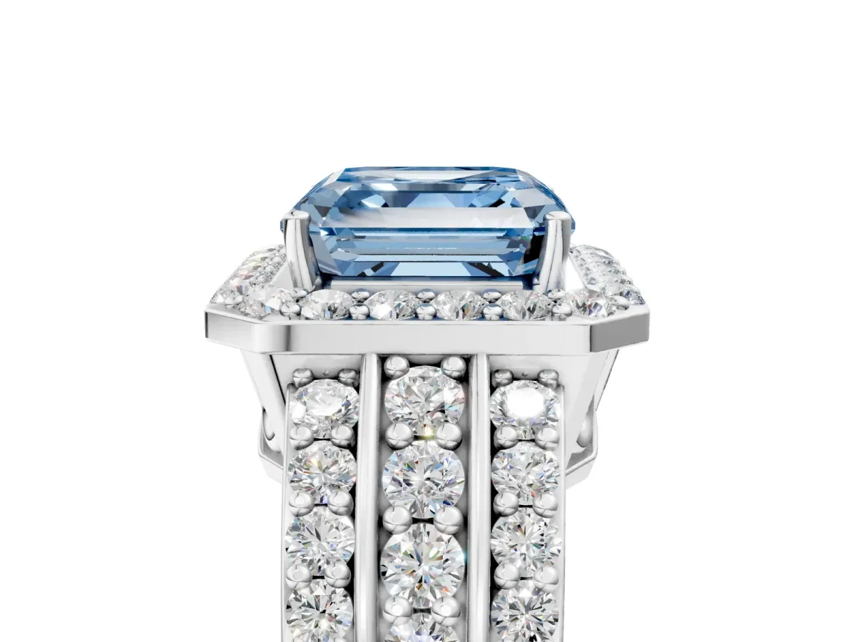 Fancy Blue Asscher Cut Halo Diamond Ring with Round Split Shank and Prong Setting Platinum