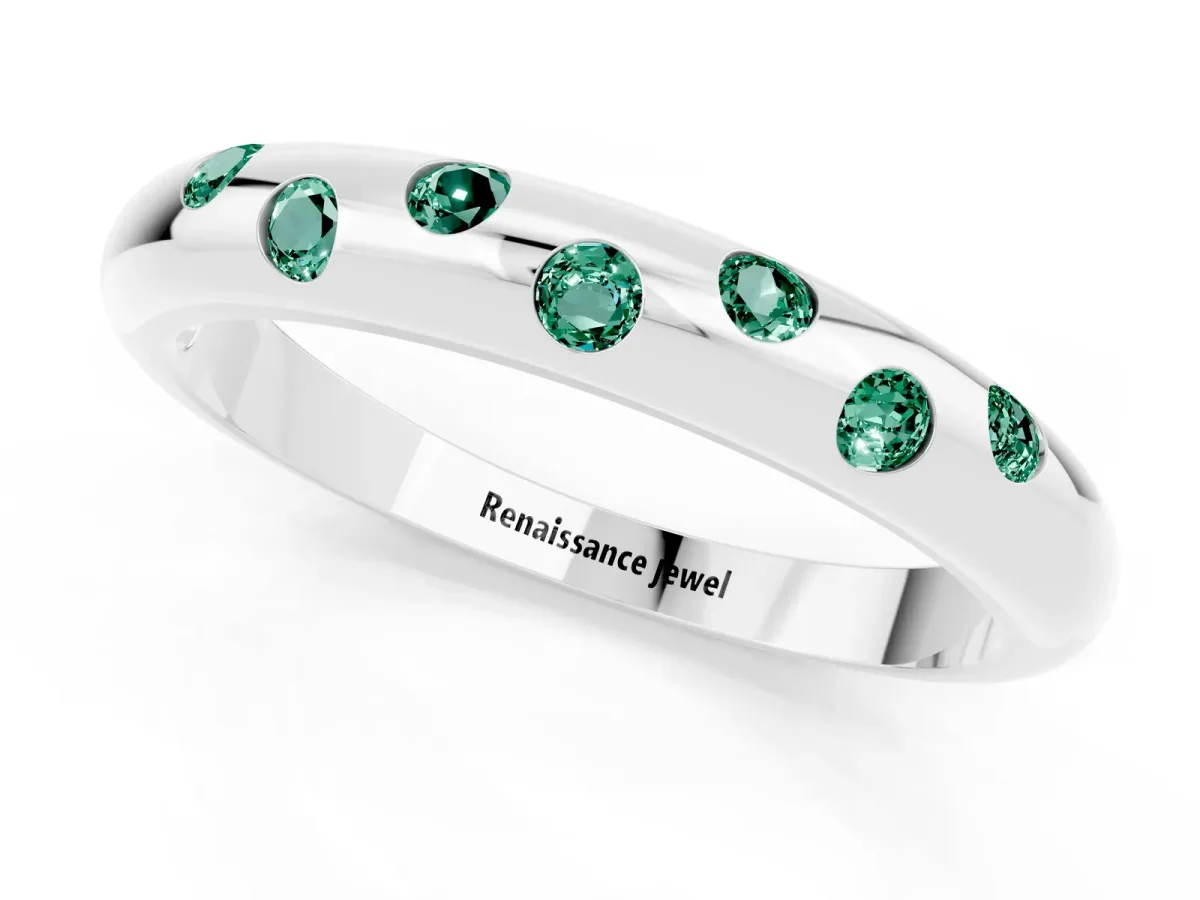 Round Green Sapphire Flush-Set Comfort Fit Band Platinum