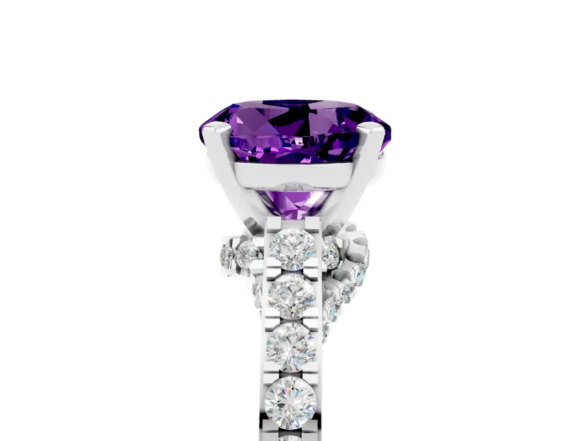 Round Cut Amethyst Solitaire Ring with Crossover Gallery and Round Pavé Band Silver