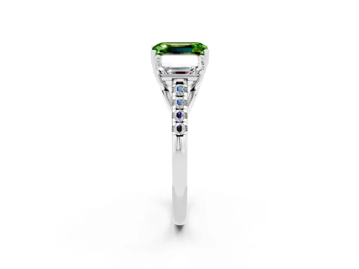 Three-Stone Emerald Cut Peridot Ring with Round Pavé Band and Prong Setting White gold