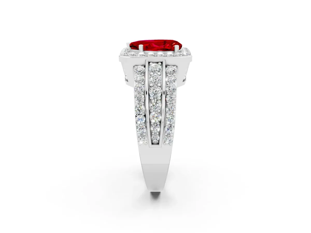 Pear Cut Halo Ruby Ring with Round Split Shank and Prong Setting Silver