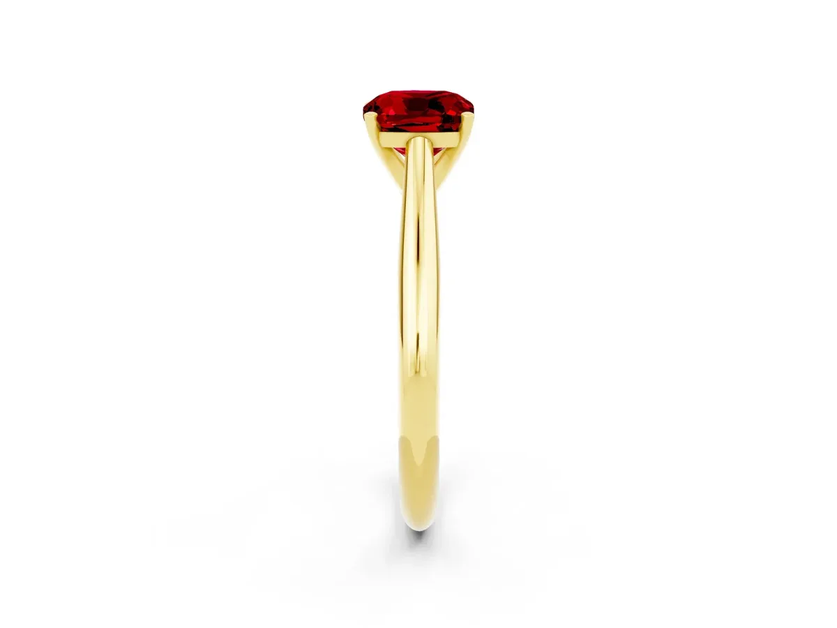 Cushion Cut Ruby Solitaire Engagement Ring with Cathedral Setting and Four-Prong Mount Yellow gold