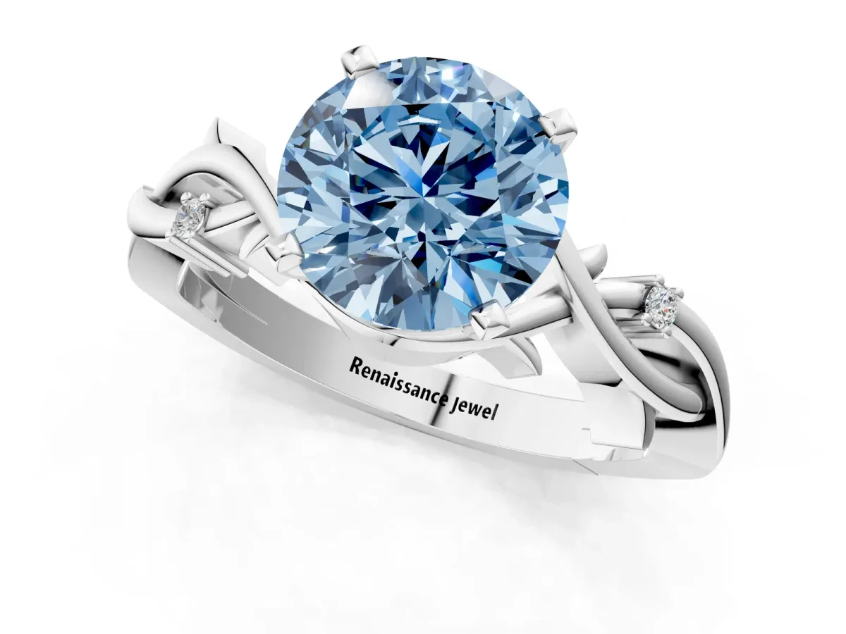 Fancy Blue Round Cut Diamond Solitaire Ring with Twisted Band and Prong Setting Silver