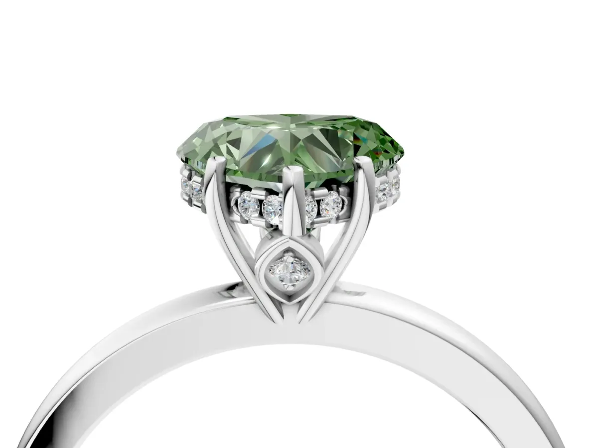 Fancy Green Heart Cut Solitaire Diamond Ring with Prong Setting and Plain Band Silver
