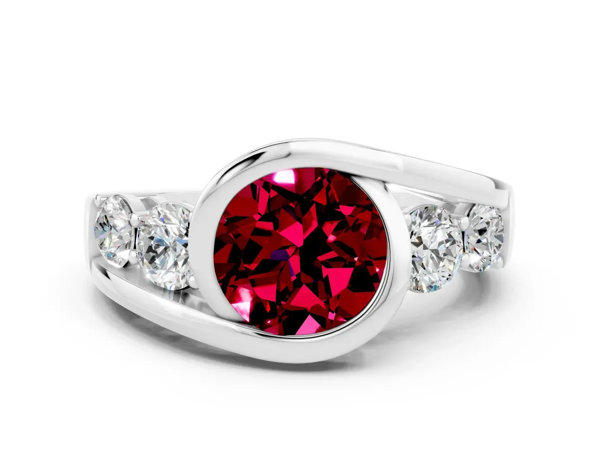 Bezel Set Round Cut Garnet Bypass Ring with Round Accents Silver