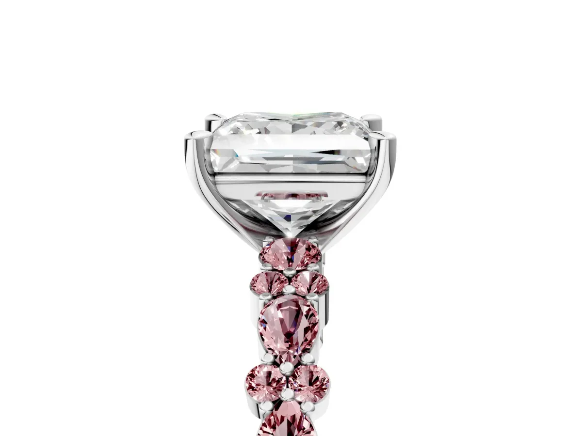 Princess Cut Diamond Side Stone Solitaire Ring with Round Morganite and Four-Prong Setting Silver
