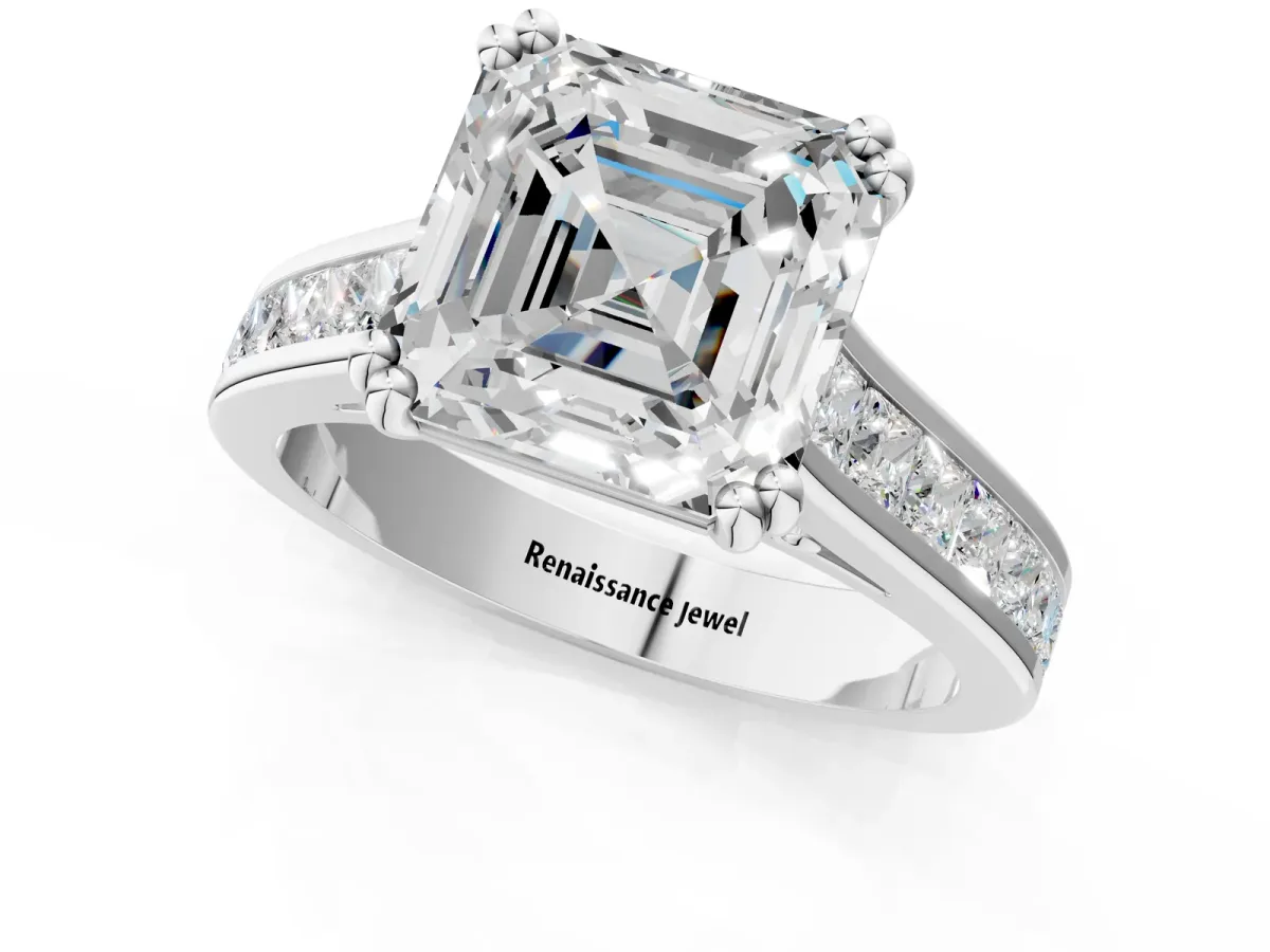 Asscher Cut Cut Channel Set Solitaire Engagement Ring with Prong Setting Platinum