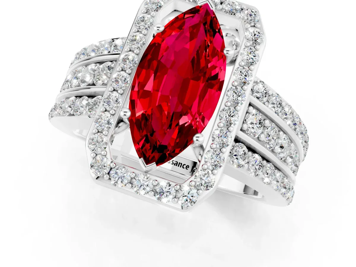 Marquise Cut Halo Ruby Ring with Round Split Shank and Prong Setting White gold