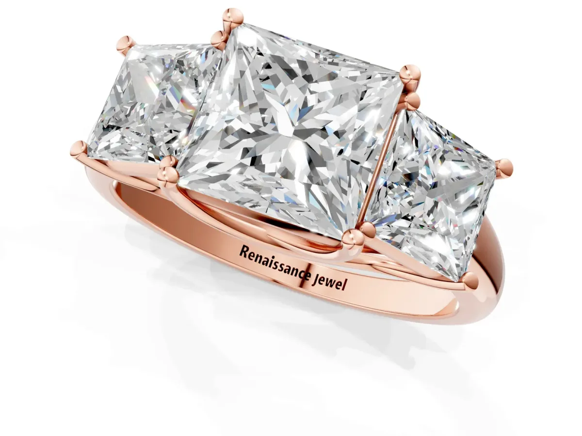 Three-Stone Princess Cut Diamond Engagement Ring with Prong Setting Rose gold
