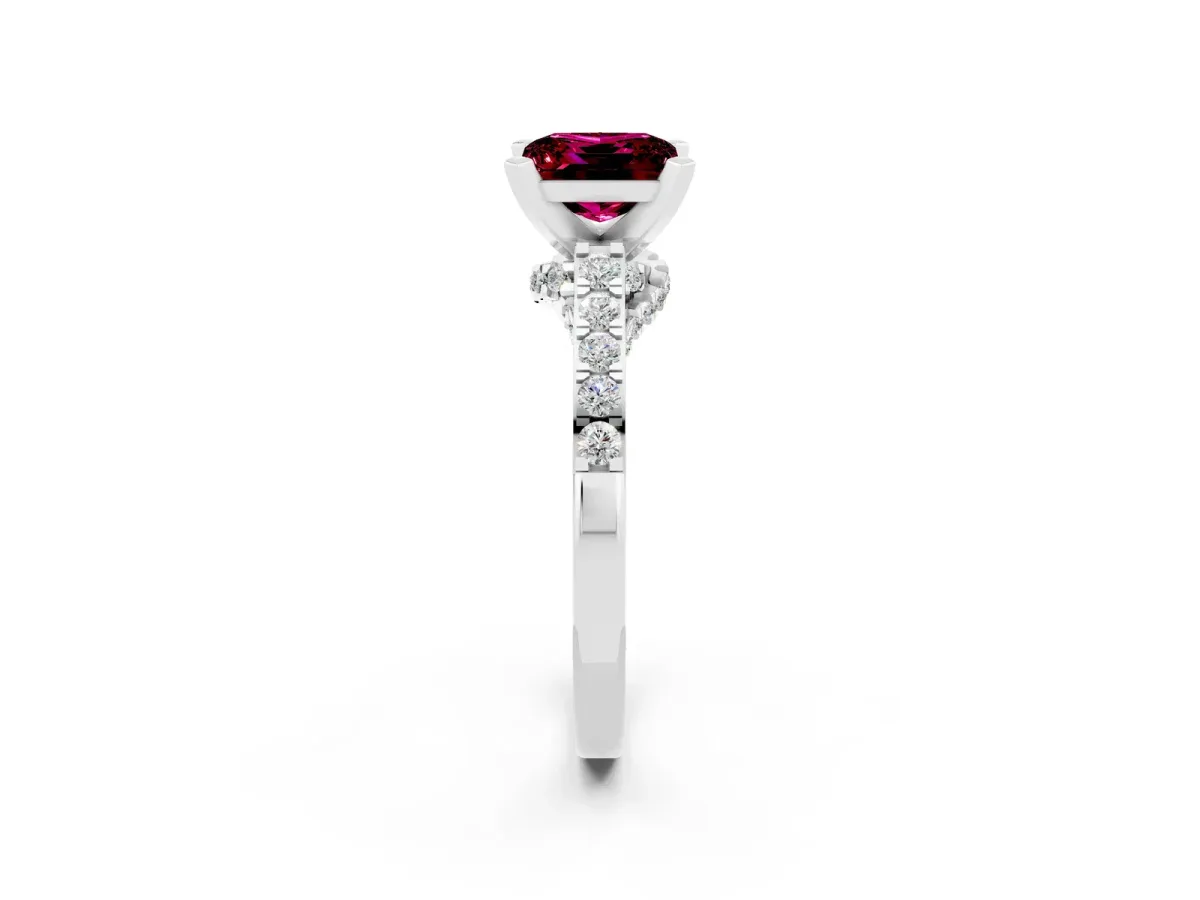 Princess Cut Garnet Solitaire Ring with Crossover Gallery and Round Pavé Band Silver
