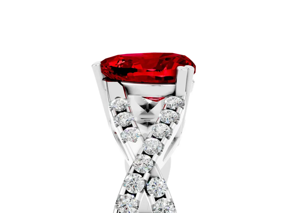 Heart Cut Ruby Solitaire Ring with Four-Prong Setting and Twisted Pavé Band Silver