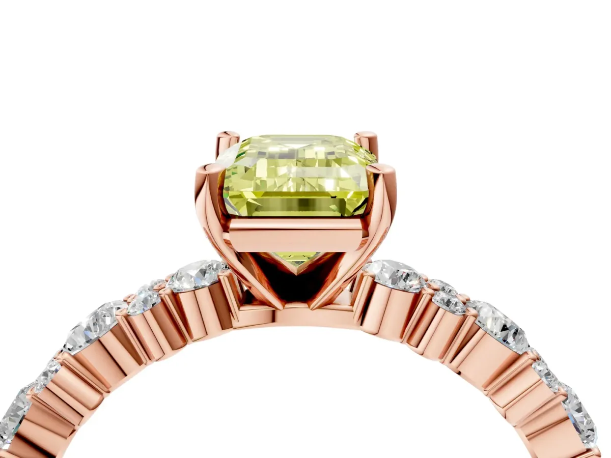 Fancy Yellow Emerald Cut Diamond Side Stone Solitaire Ring with Round and Four-Prong Setting Rose gold
