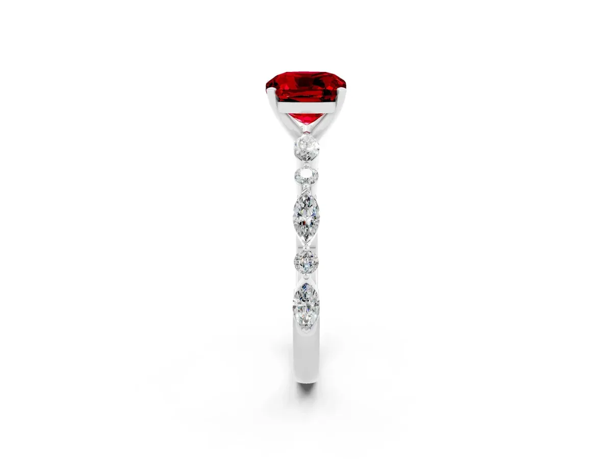 Cushion Cut Ruby Ring with Marquise and Round Side Stones and Four-Prong Setting Silver