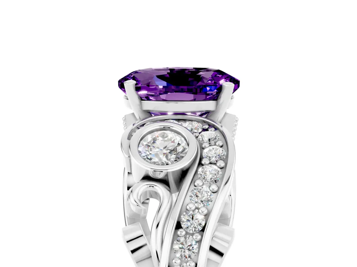 Oval Cut Amethyst Solitaire Ring with Milgrain Pavé Band and Four-Prong Setting Silver