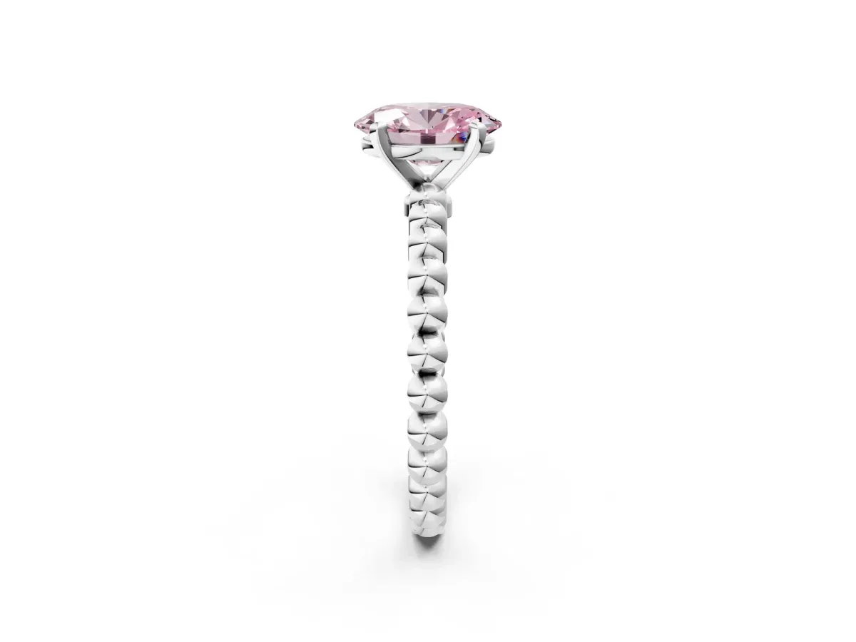 Fancy Pink Oval Cut Diamond Solitaire Ring with Beaded Band and Prong Setting White gold
