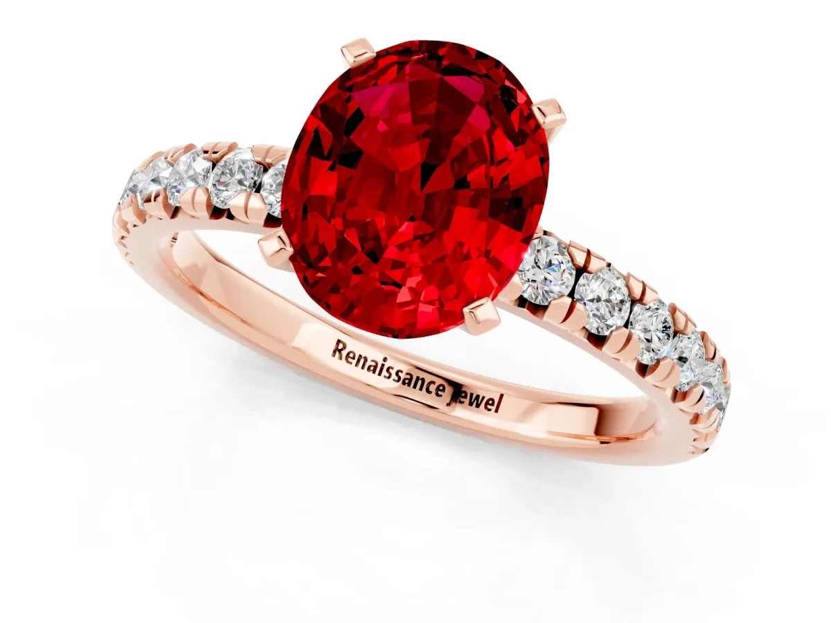 Oval Cut Ruby Solitaire Pavé Engagement Ring with Round Band and Prong Setting Rose gold