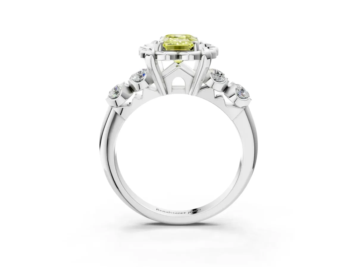 Fancy Yellow Emerald Cut Cut Diamond Floral Halo Engagement Ring with Shared Prong Setting Silver