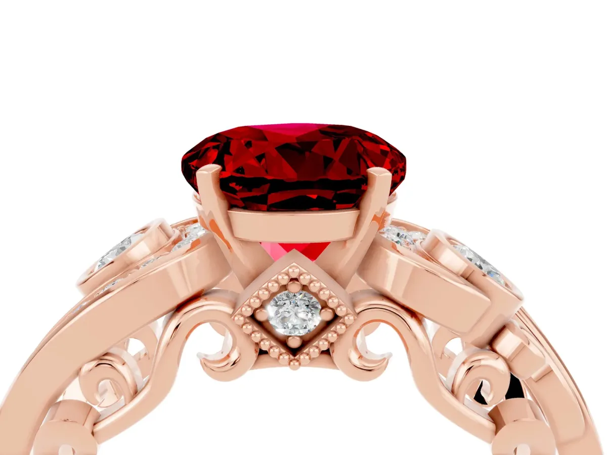 Round Cut Ruby Solitaire Ring with Milgrain Pavé Band and Four-Prong Setting Rose gold